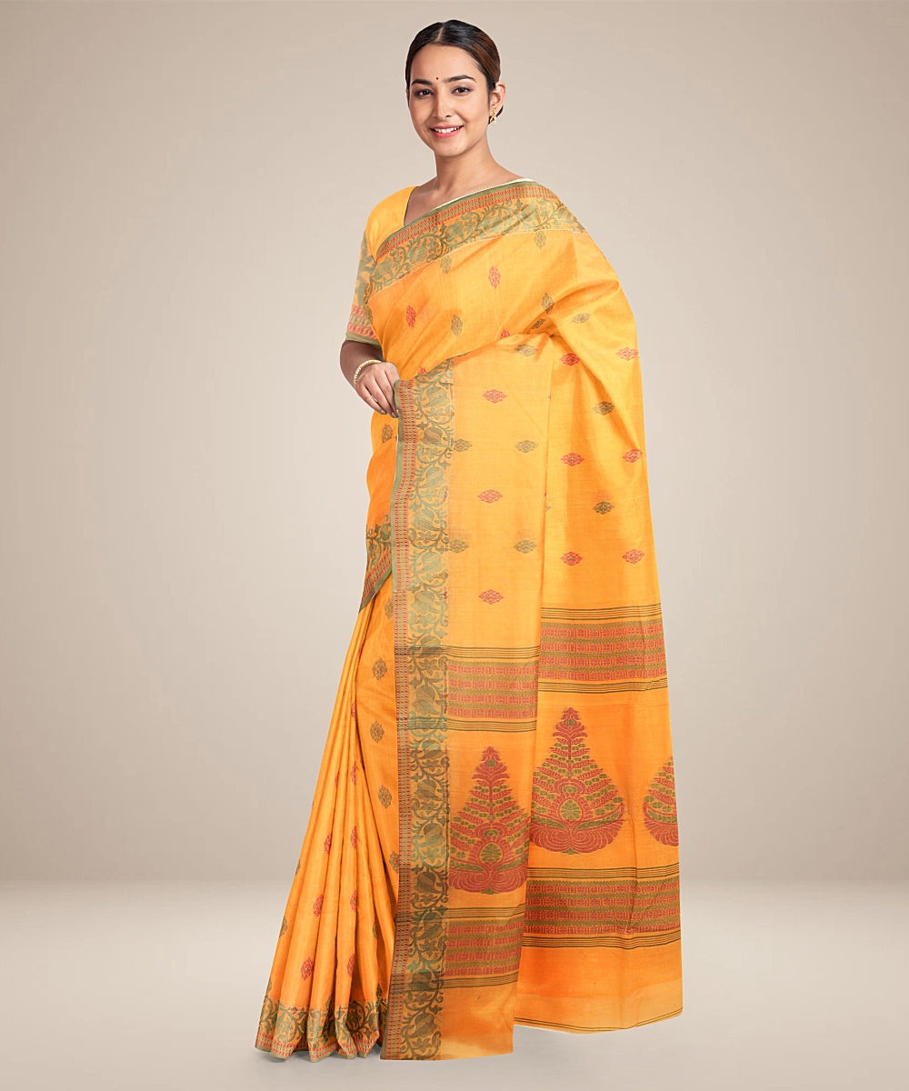 Orange green tangail cotton handloom saree