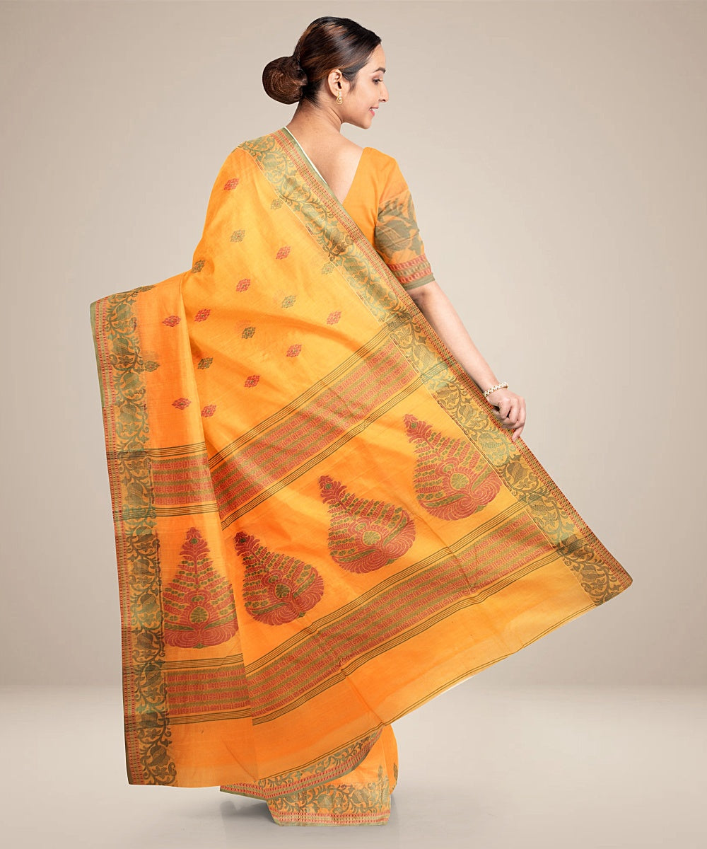 Orange green tangail cotton handloom saree