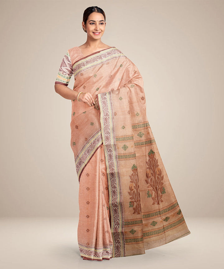 Beige brown tangail cotton handloom saree