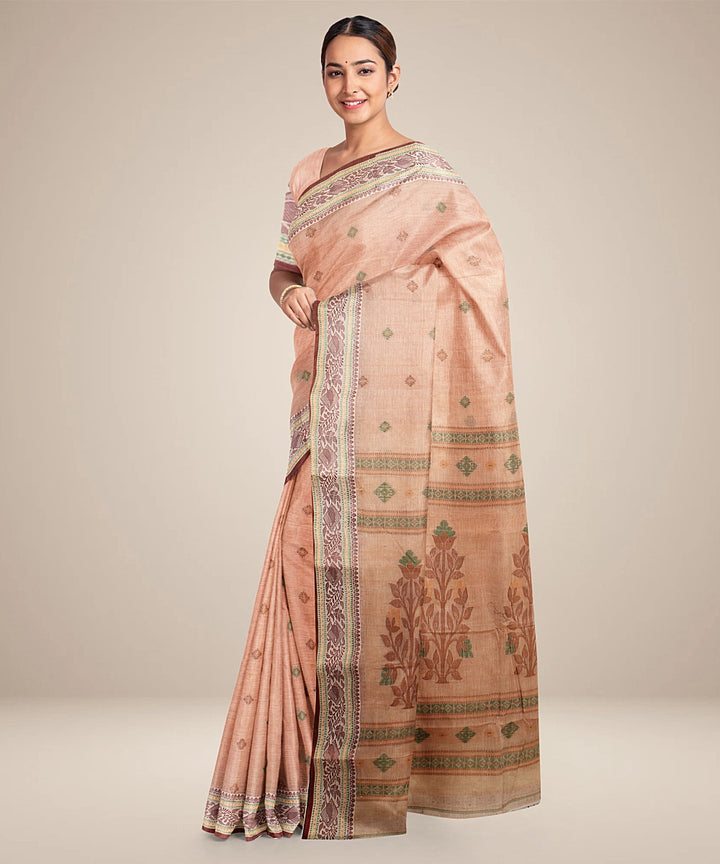 Beige brown tangail cotton handloom saree