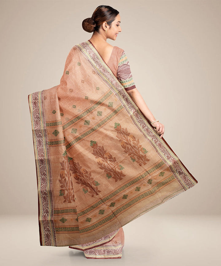 Beige brown tangail cotton handloom saree