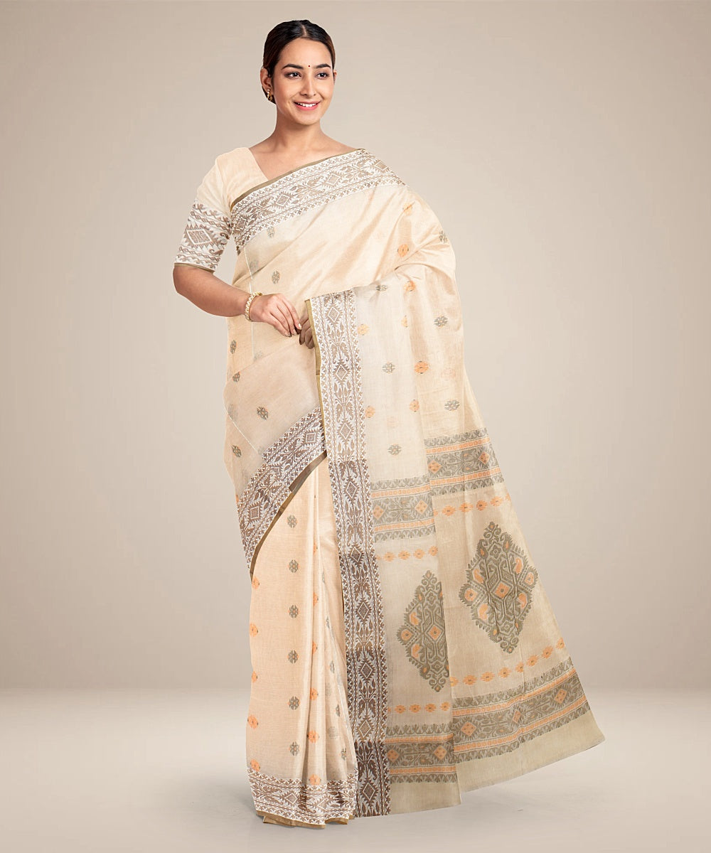 Beige tangail cotton handloom saree