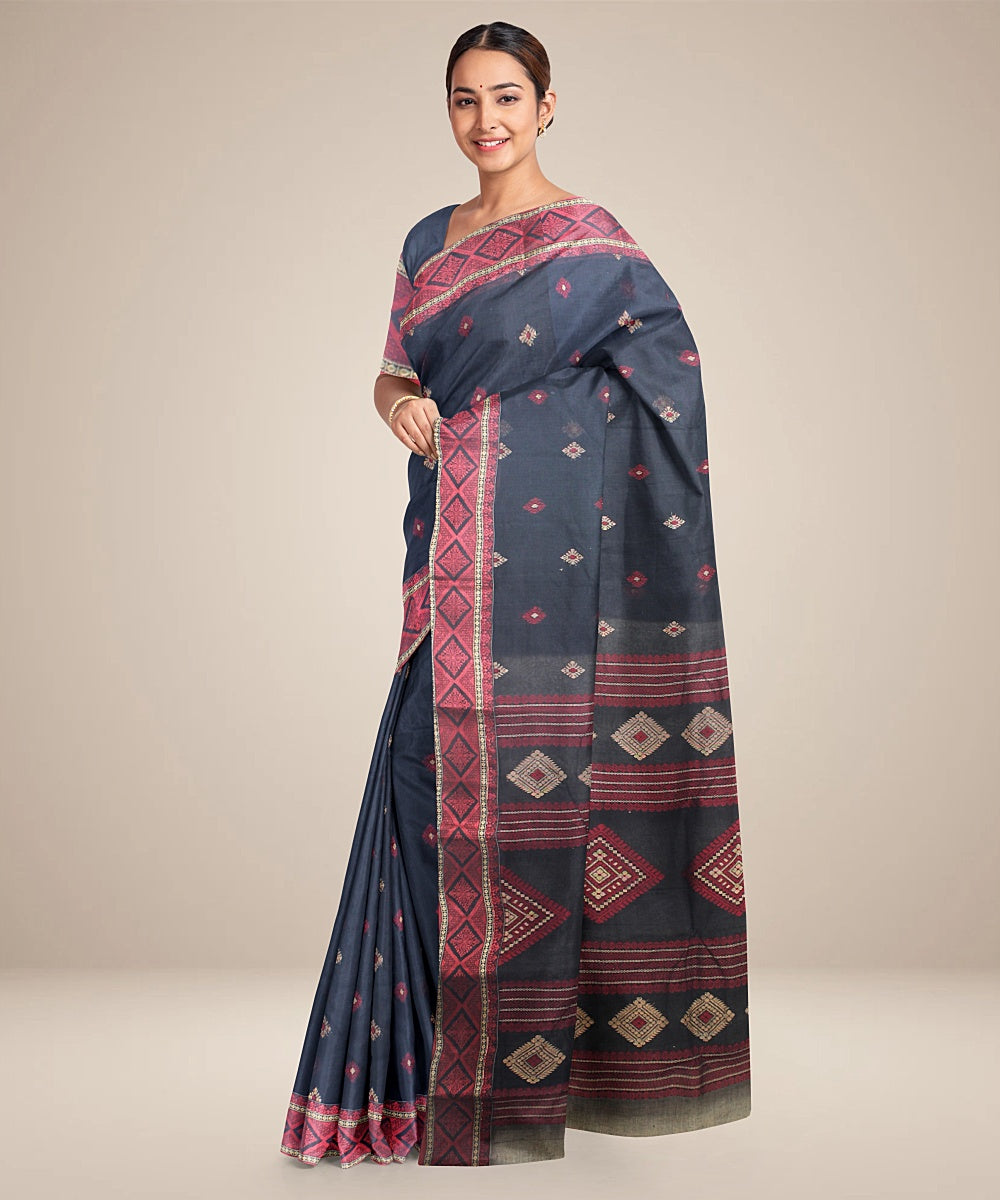 Black maroon cotton tangail handloom saree