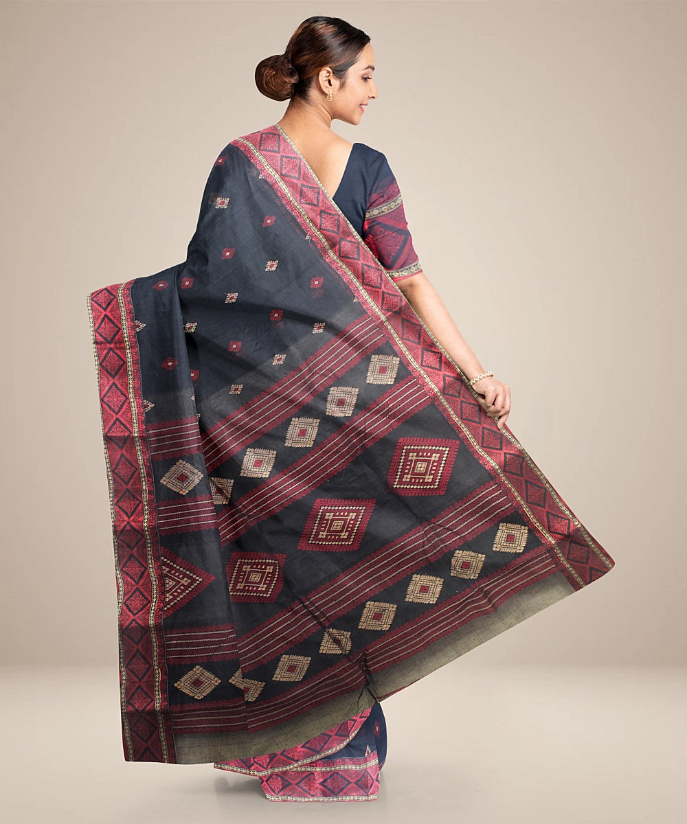 Black maroon cotton tangail handloom saree