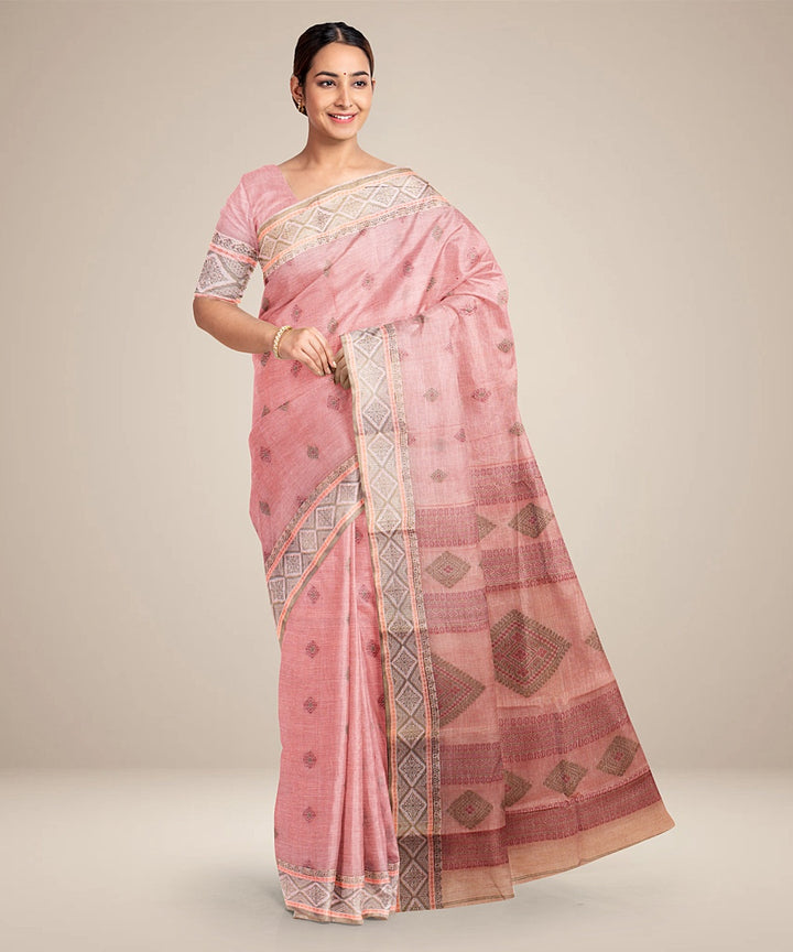 Pink green tangail cotton handloom saree