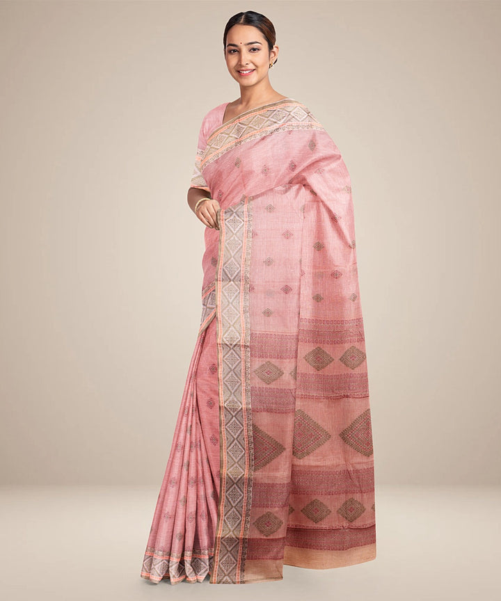 Pink green tangail cotton handloom saree