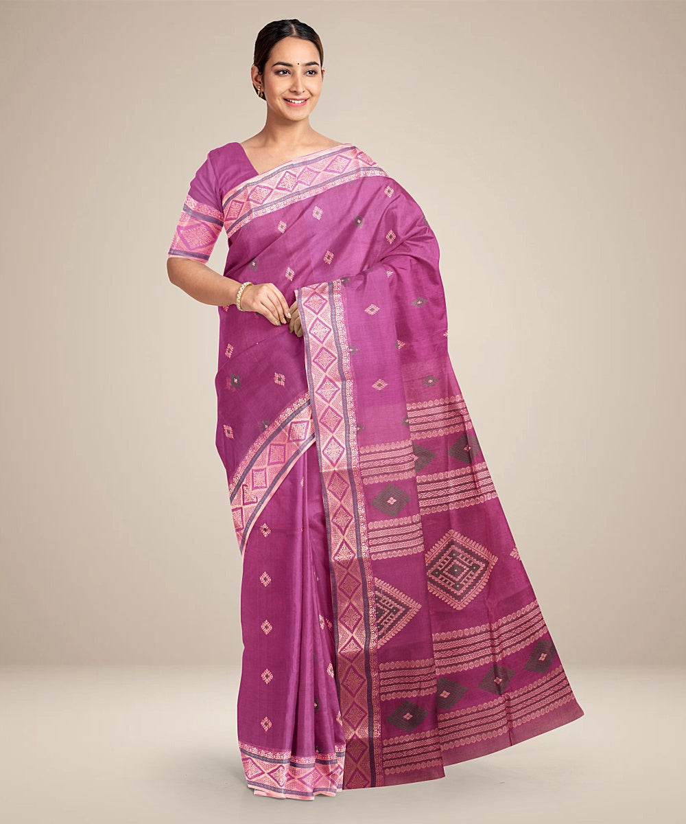 Purple beige bengal tangail cotton handloom saree