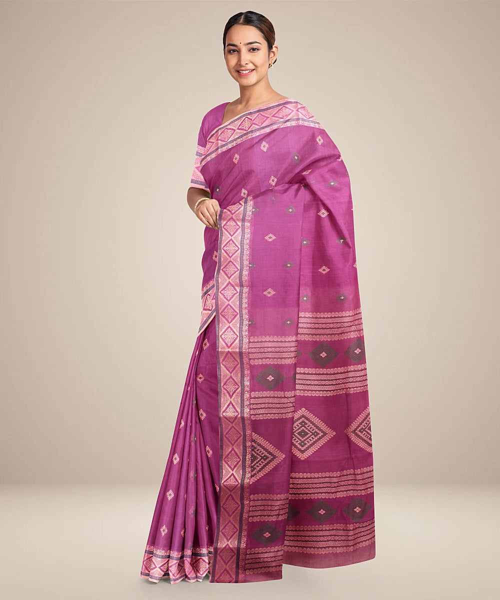 Purple beige bengal tangail cotton handloom saree