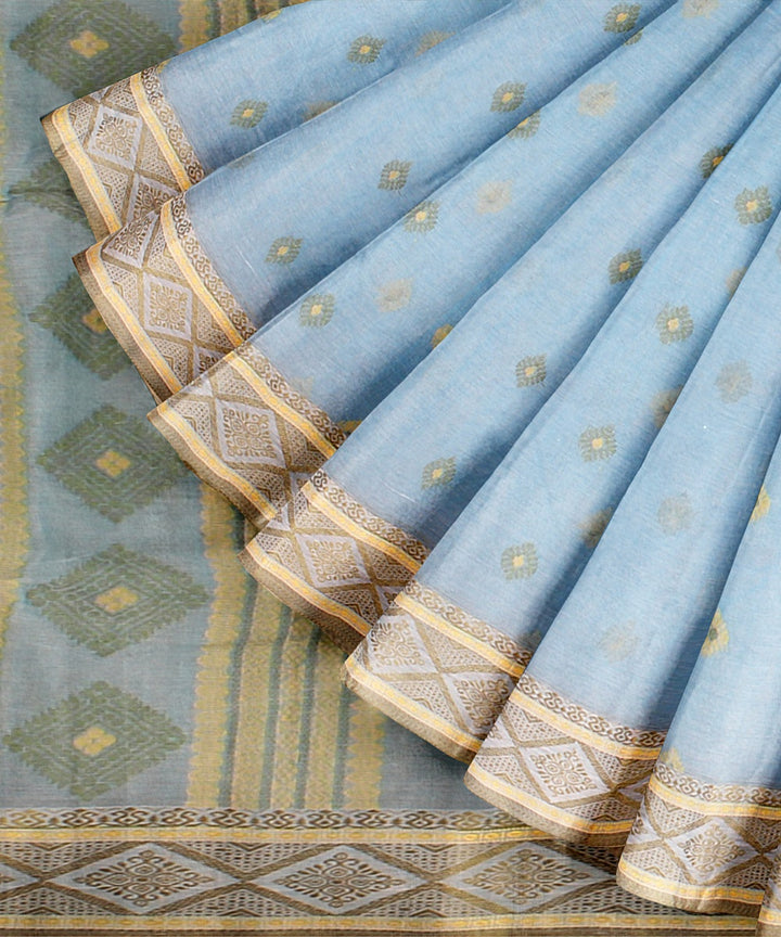 Turquose blue olive green tangail cotton handloom saree