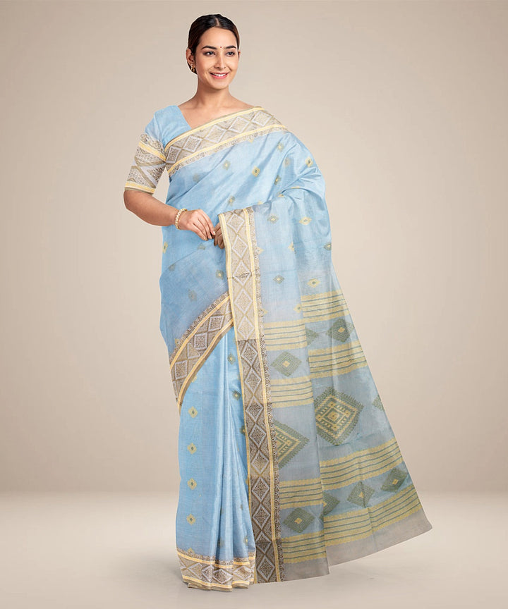 Turquose blue olive green tangail cotton handloom saree