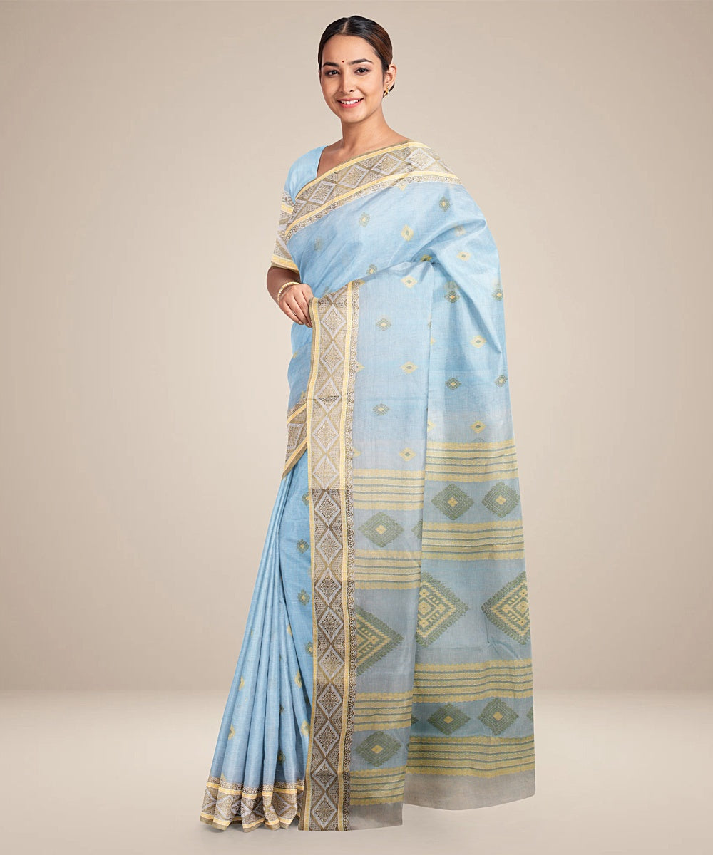 Turquose blue olive green tangail cotton handloom saree