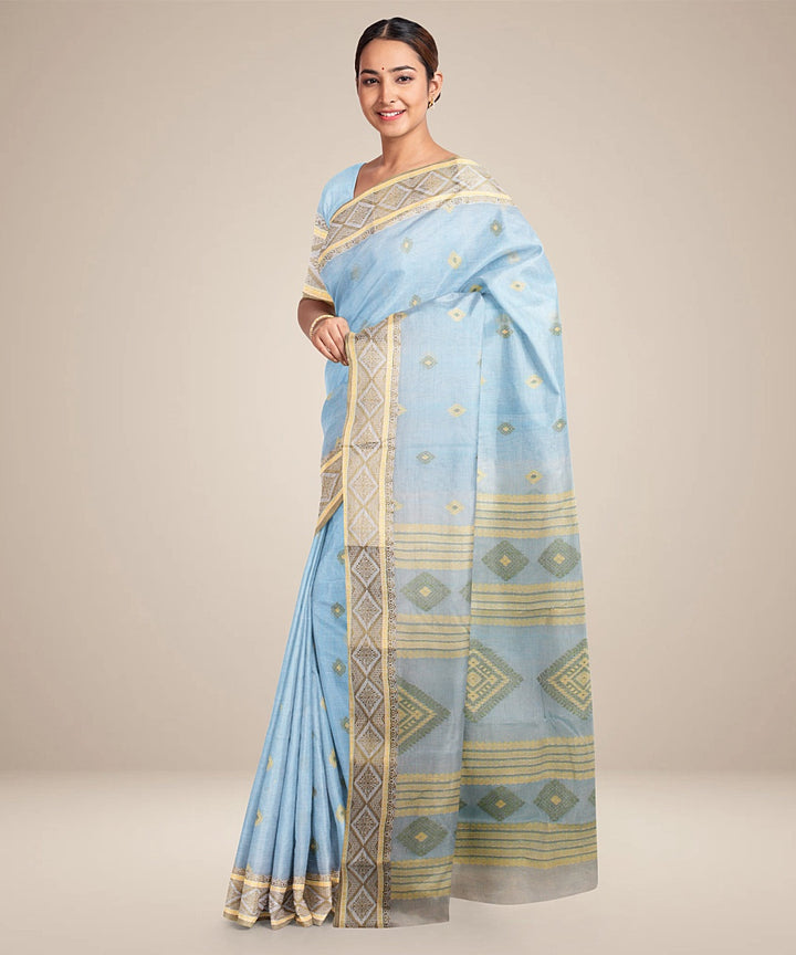 Turquose blue olive green tangail cotton handloom saree