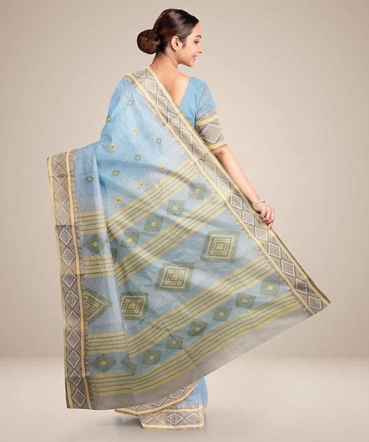 Turquose blue olive green tangail cotton handloom saree