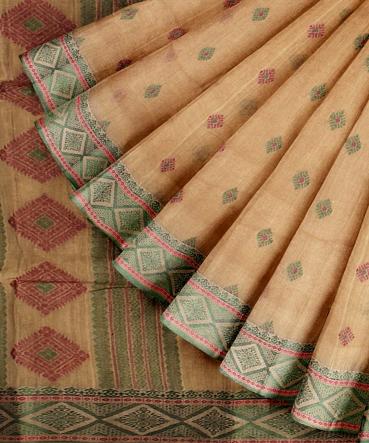 Beige green tangail cotton handloom saree