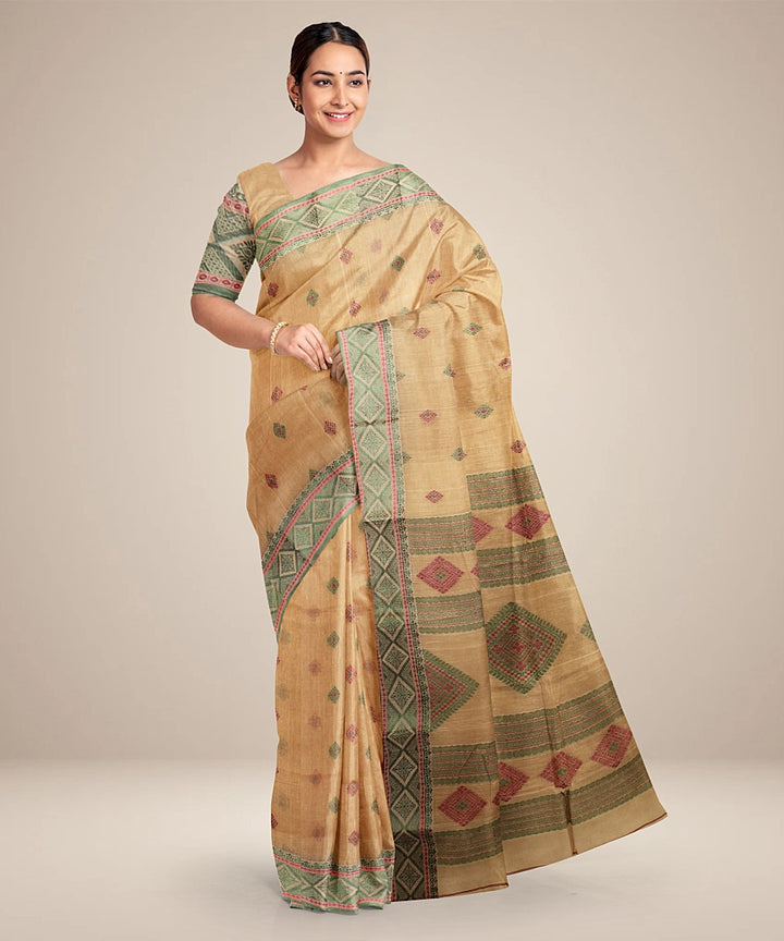 Beige green tangail cotton handloom saree