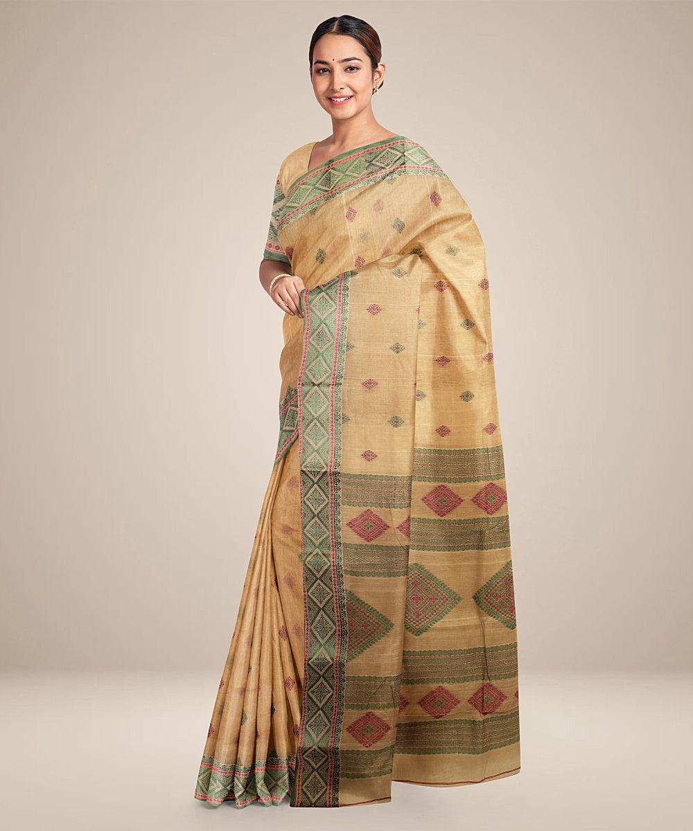 Beige green tangail cotton handloom saree