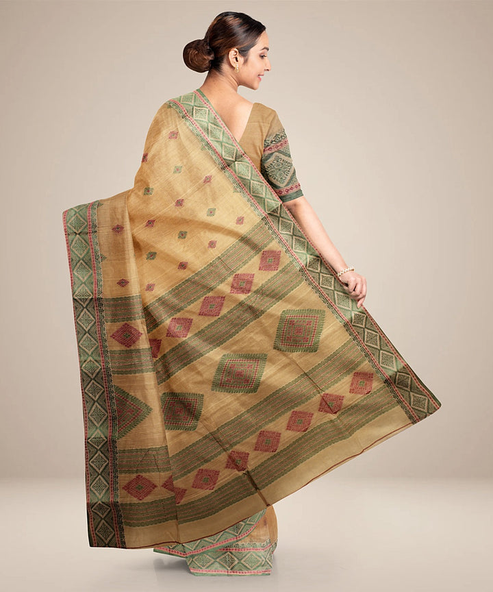 Beige green tangail cotton handloom saree