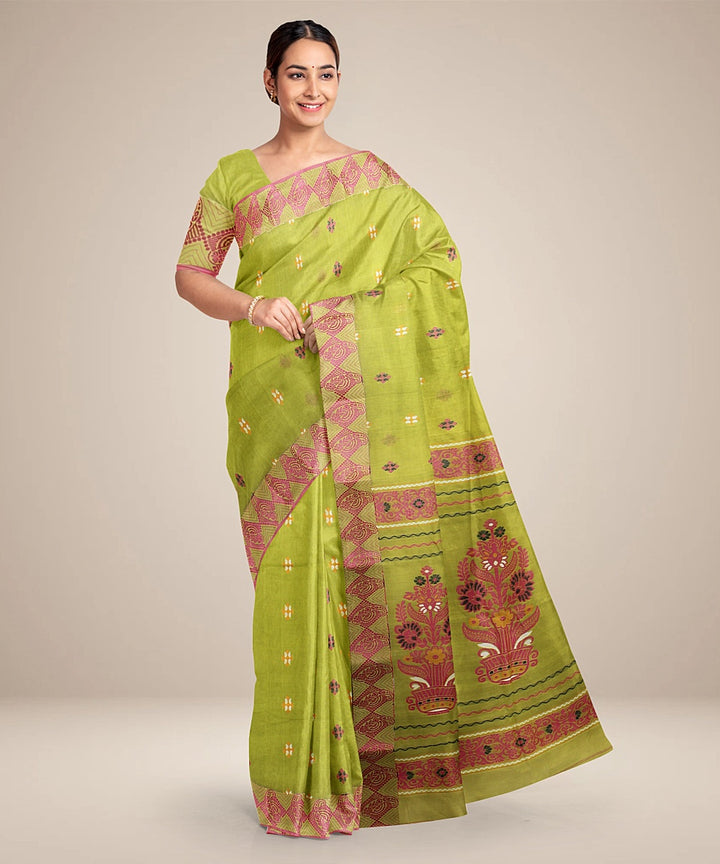 Light green red tangail cotton handloom saree