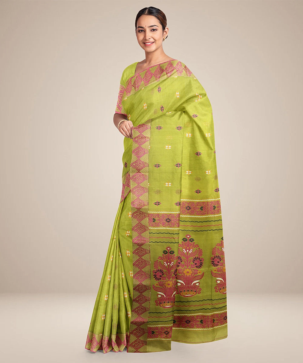 Light green red tangail cotton handloom saree