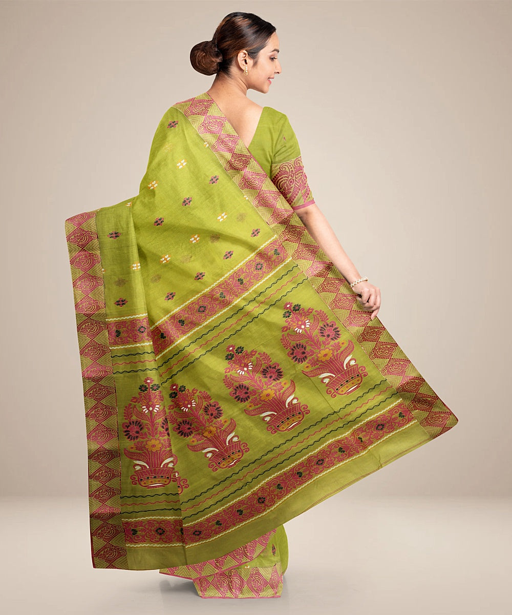 Light green red tangail cotton handloom saree