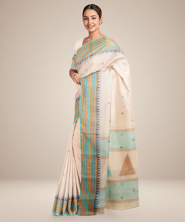 Cream green tangail cotton handloom saree