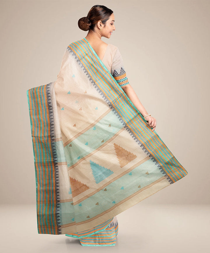 Cream green tangail cotton handloom saree