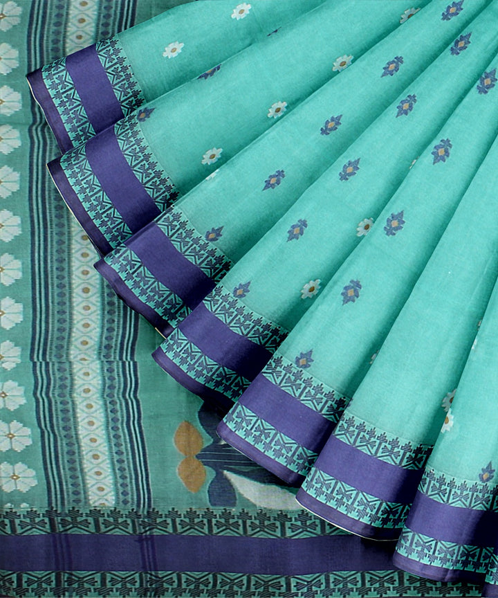 Sea green blue tangail cotton handloom saree