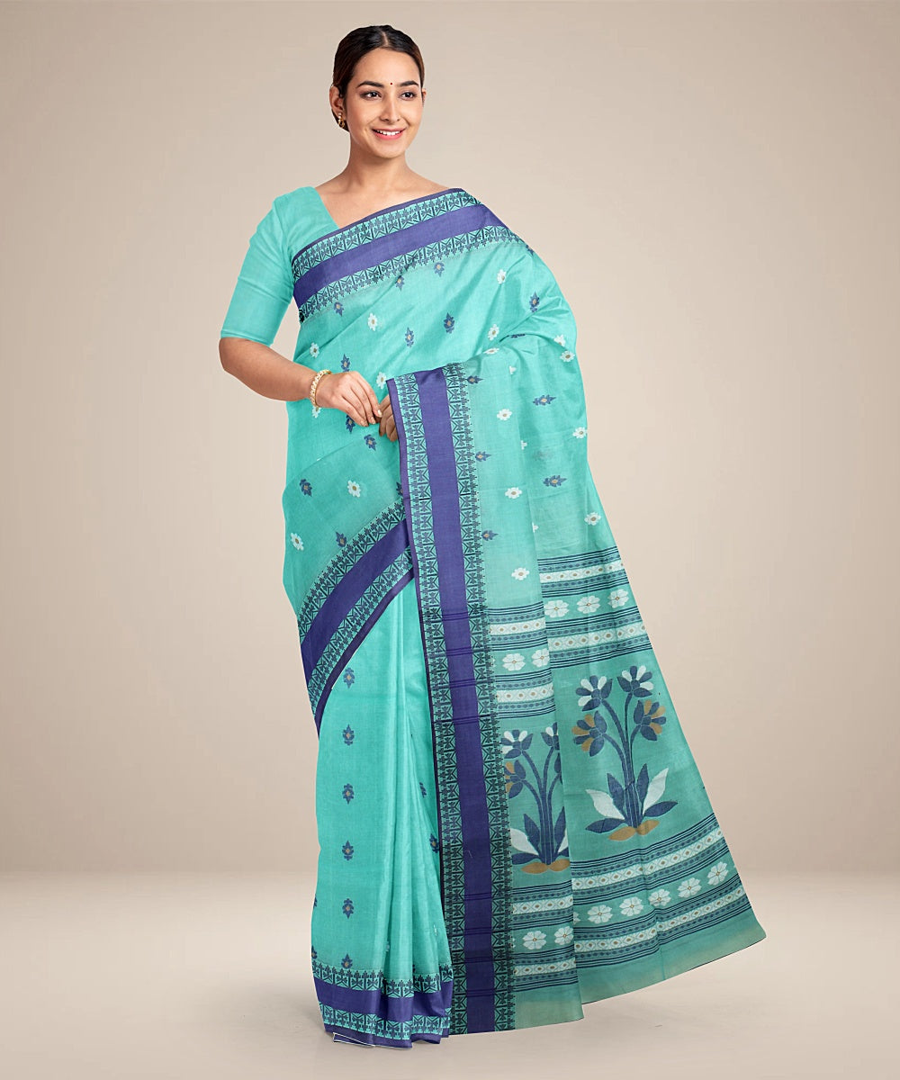 Sea green blue tangail cotton handloom saree