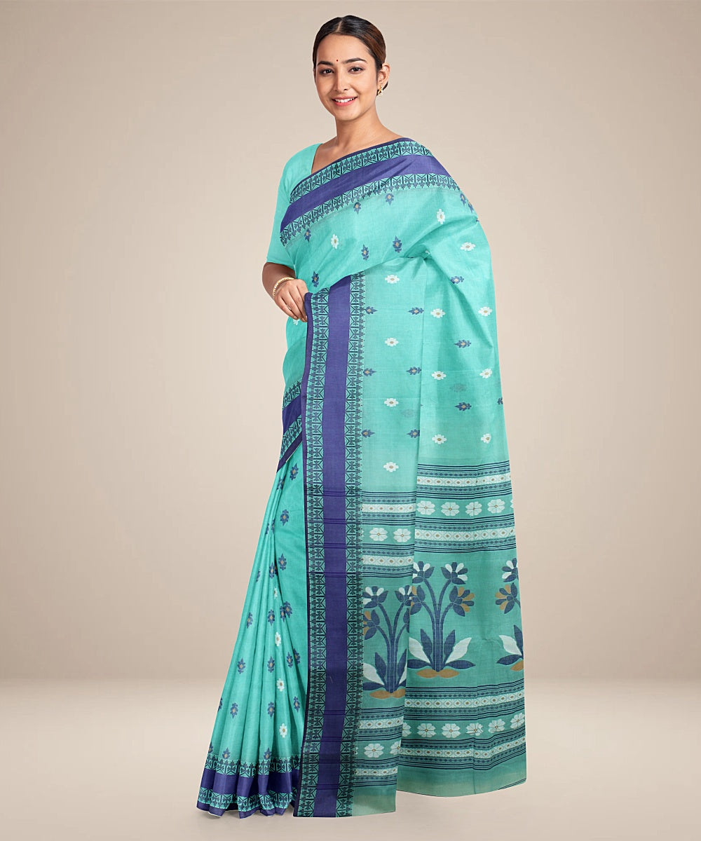 Sea green blue tangail cotton handloom saree