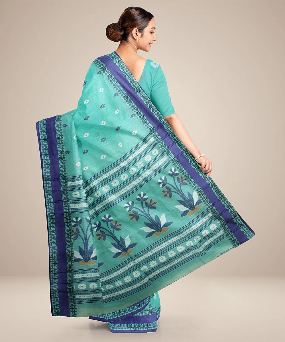 Sea green blue tangail cotton handloom saree