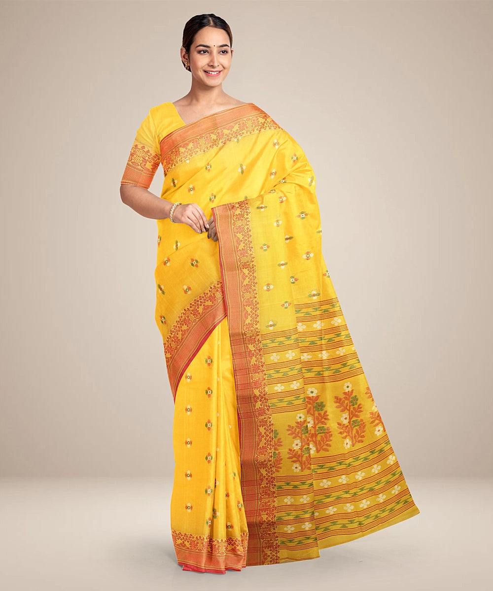 Yellow red tangail cotton handloom saree