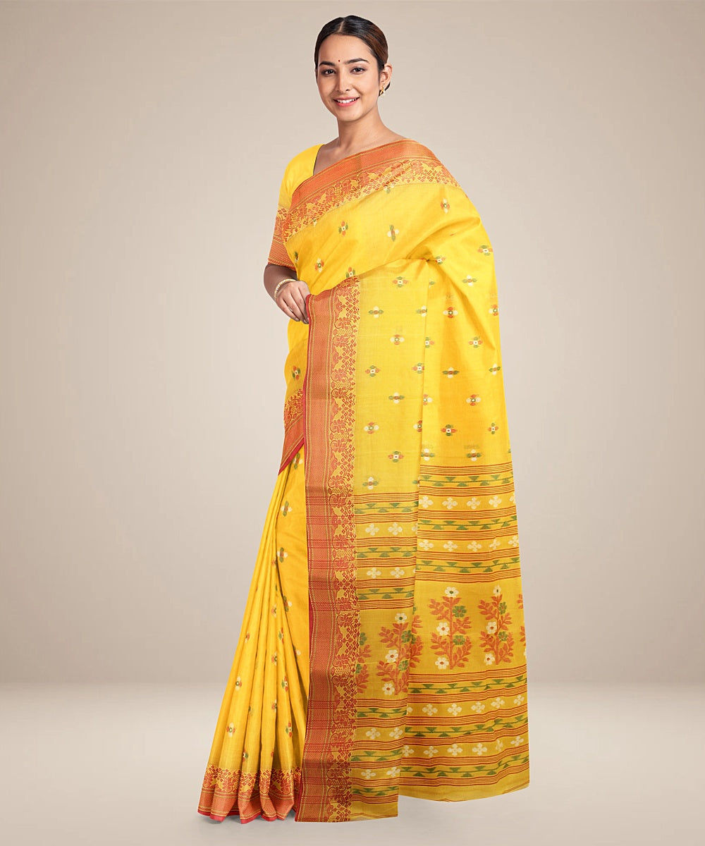 Yellow red tangail cotton handloom saree