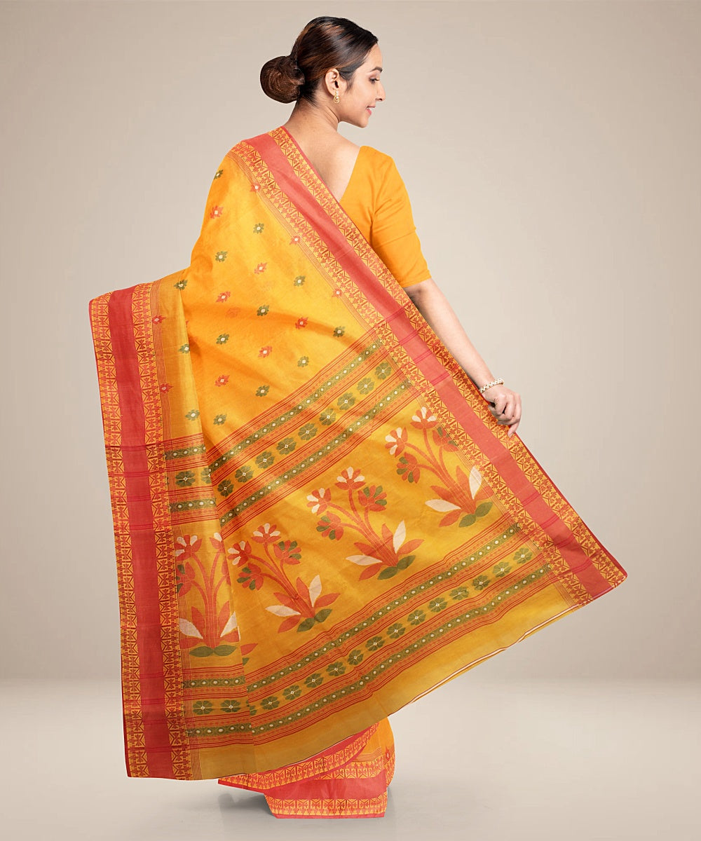 Orange red tangail cotton handloom saree