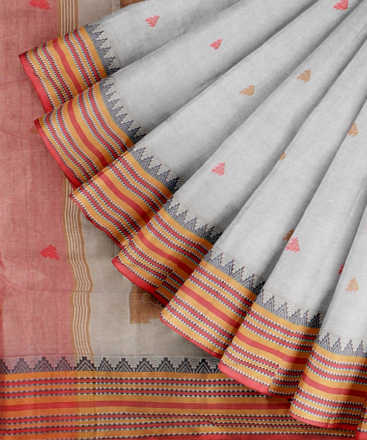 Bright grey multicolor tangail cotton handloom saree