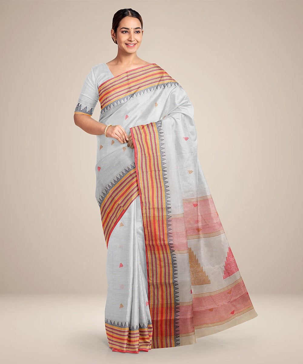 Bright grey multicolor tangail cotton handloom saree