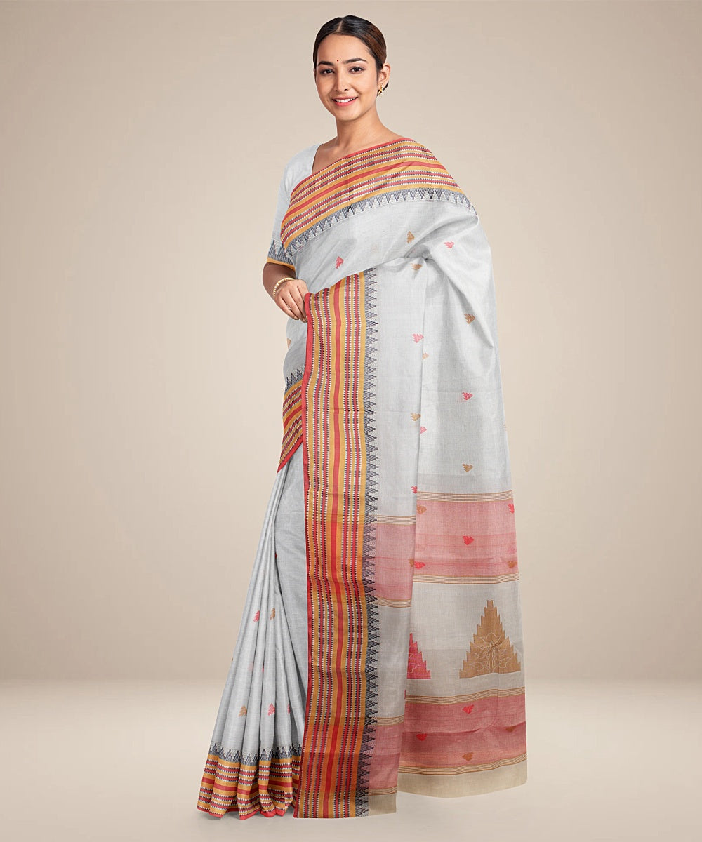 Bright grey multicolor tangail cotton handloom saree