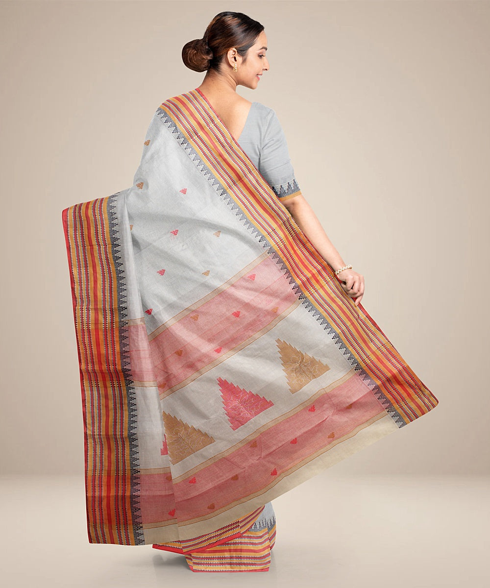 Bright grey multicolor tangail cotton handloom saree