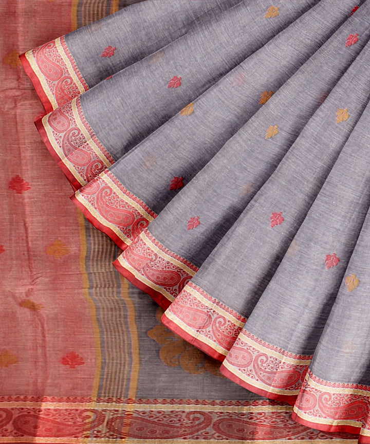 Grey red tangail cotton handloom saree