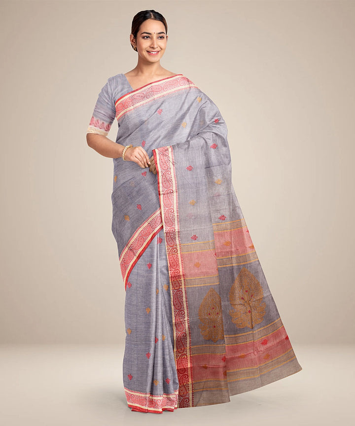 Grey red tangail cotton handloom saree