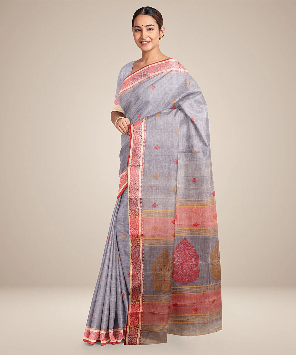 Grey red tangail cotton handloom saree