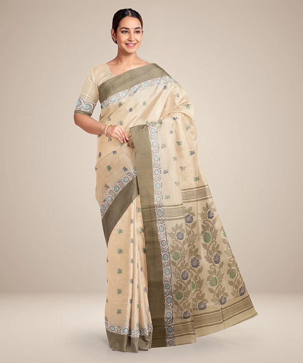 Cream olive green cotton tangail handloom saree