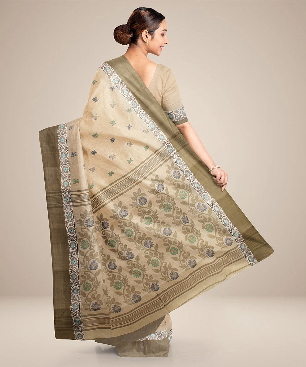 Cream olive green cotton tangail handloom saree