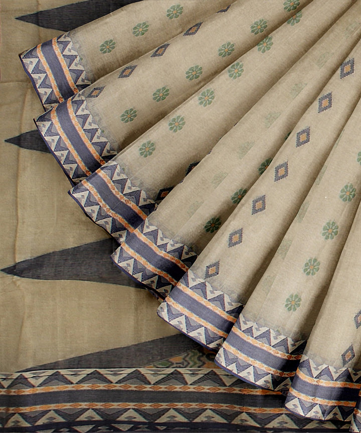 Beige blue tangail handloom cotton saree