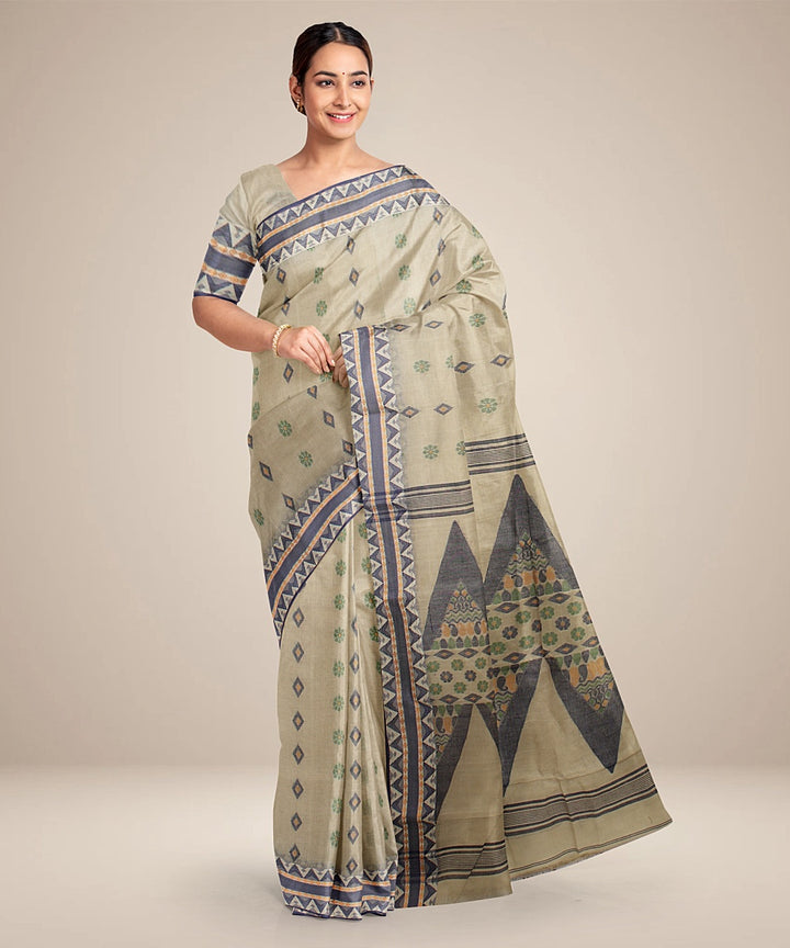 Beige blue tangail handloom cotton saree