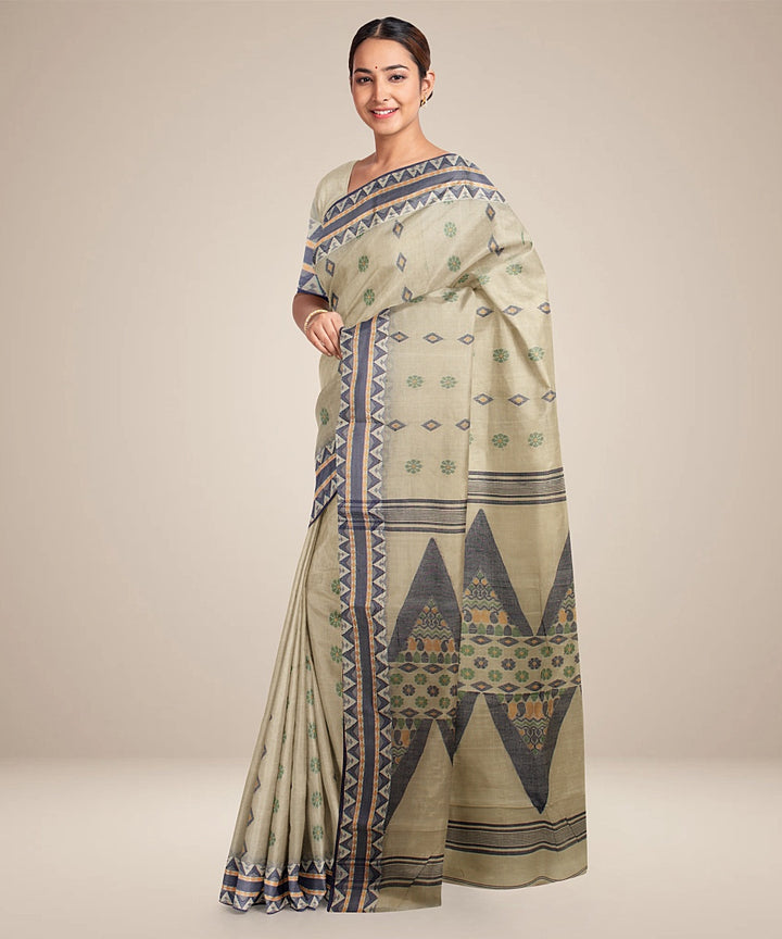 Beige blue tangail handloom cotton saree