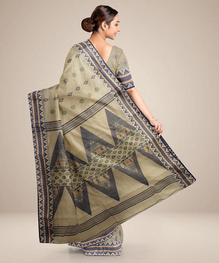 Beige blue tangail handloom cotton saree