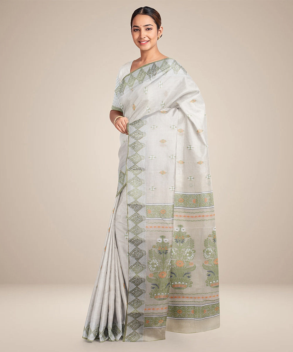 Cream olive green tangail cotton handloom saree