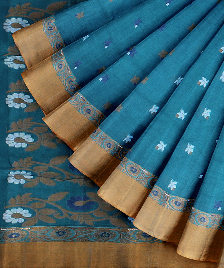 Teal green beige tangail cotton handloom saree