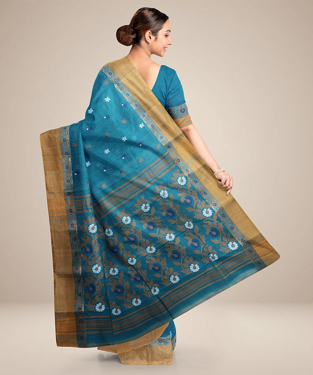 Teal green beige tangail cotton handloom saree