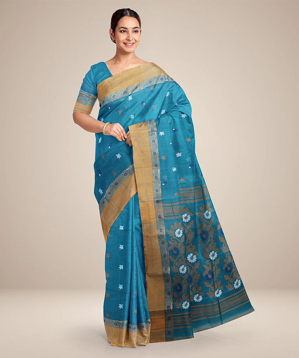 Teal green beige tangail cotton handloom saree